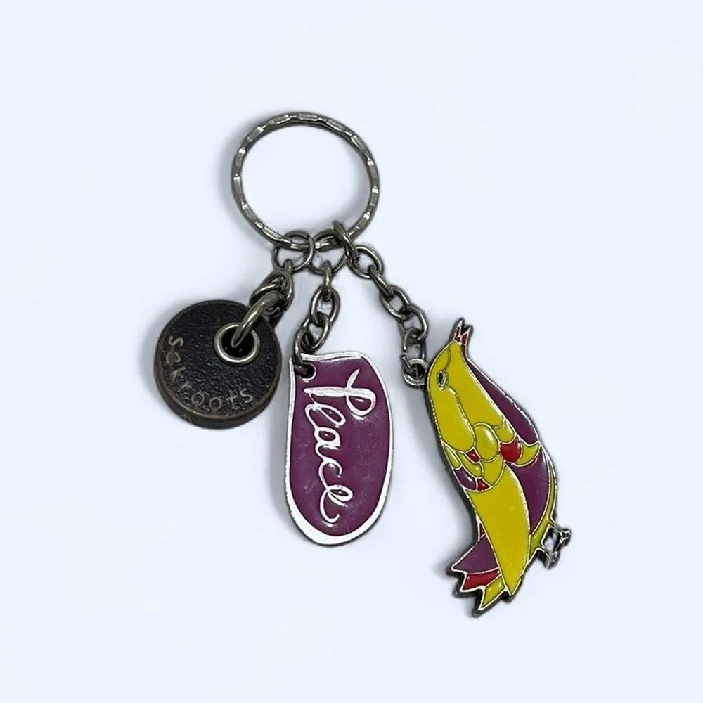 Sakroots Yellow Brown and Purple Peace Bird Sterling Silver Keychain Vintage